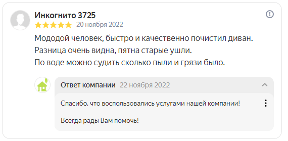 Отзыв Химчистка дивана Москва